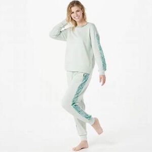 AnyBody Pale Aqua Cozy Knit French Terry Animal Print Sweatshirt Size L